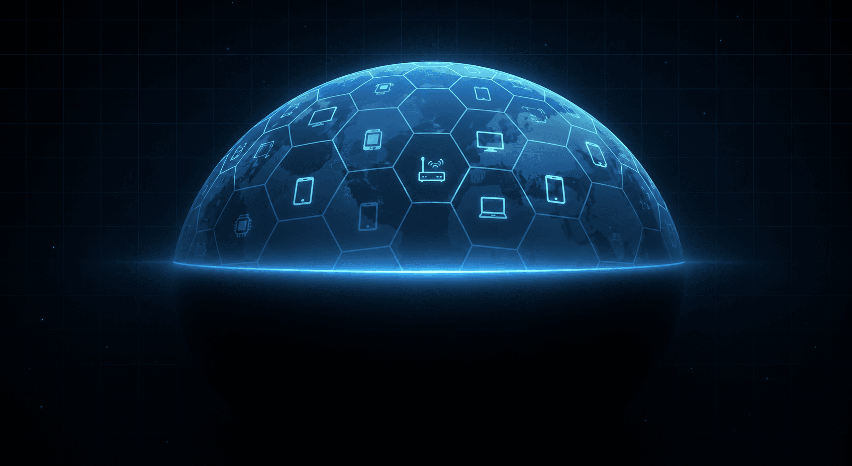 A glowing hexagonal grid of connected devices — phones, laptops, and sensors — tiling a globe, representing the honeycomb zone network